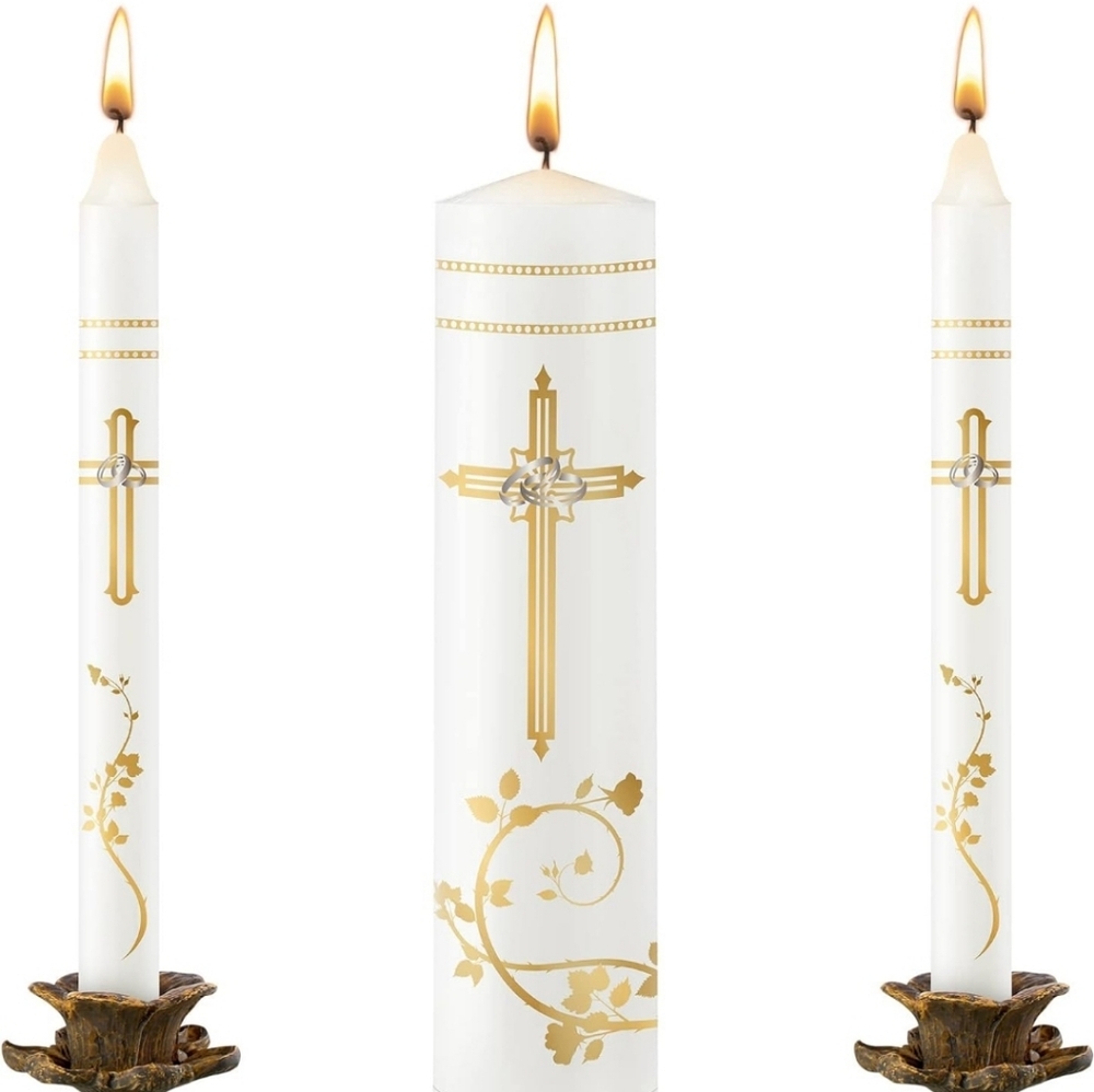 Gold and White Cross Design Unity Candle Set